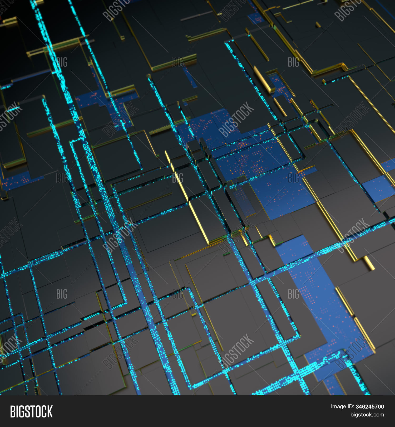 Circuit board futuristic server code processing. Angled view blue color ...