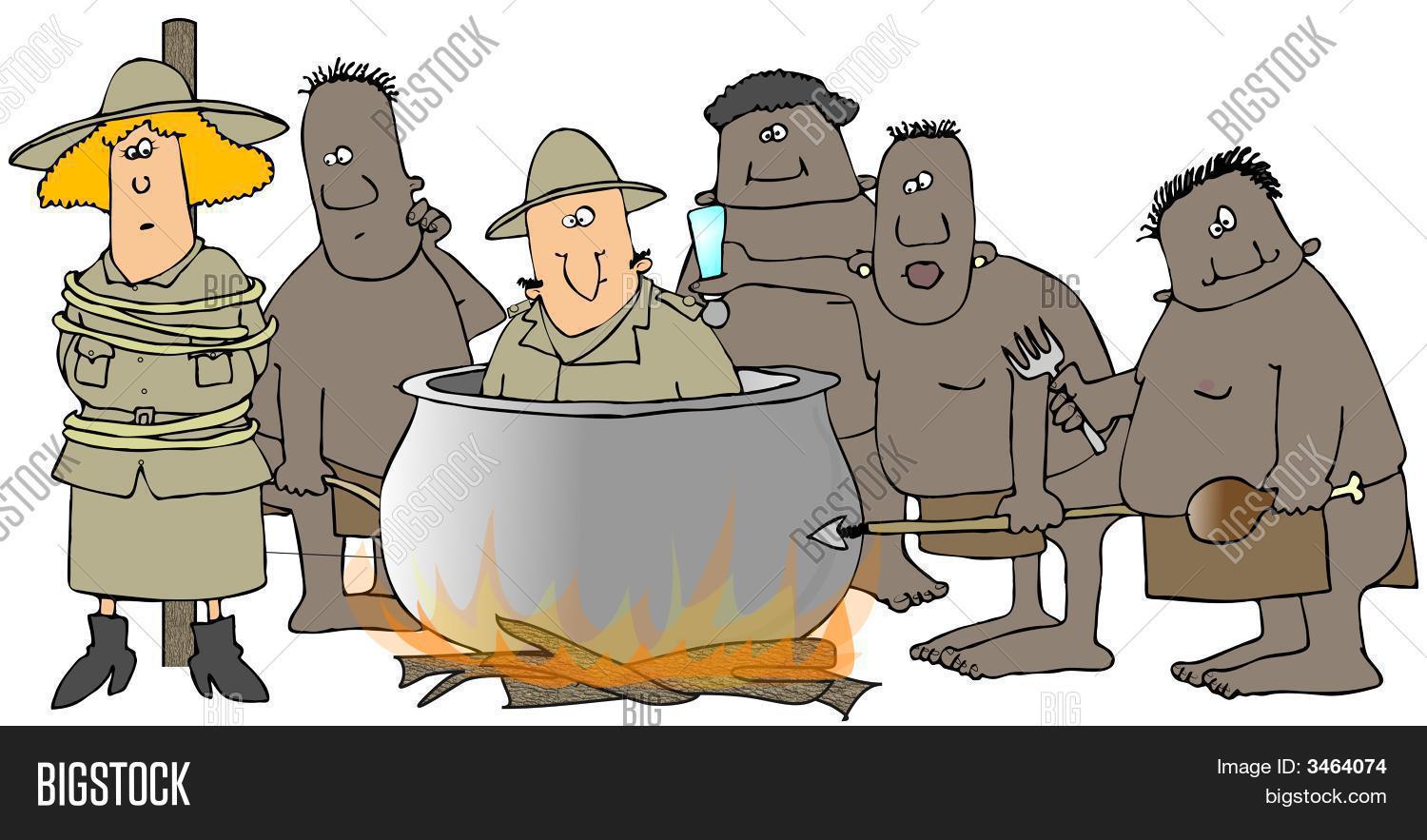 black,boil,campfire,cannibal,carnivore,cartoon,cook,dinner,eat,female,flame,guy,illustration,lady,male,man,missionary,native,pot,prepare,spear,white,woman