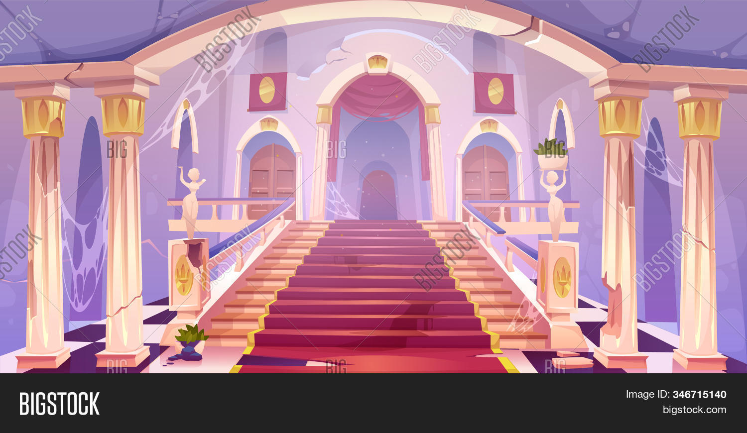 abandoned,castle,staircase,old,palace,empty,hall,entrance,interior,column,background,cracked,pillar,statue,dilapidated,rag,wood,door,medieval,antique,architecture,cartoon,illustration,stair,fantasy,historical,building,fairytale,vintage,computer,game,royal,spiderweb,cobweb,collapsed,deserted,neglected,scary,dirty,crack,gallery,museum,room,ancient,retro,nobody