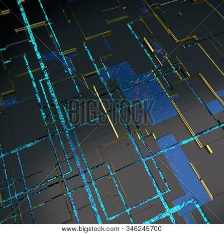 Circuit board futuristic server code processing. Angled view blue color ...