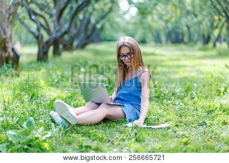 Young Woman With Notebook In Park Looking At Laptop - Stock Image ...