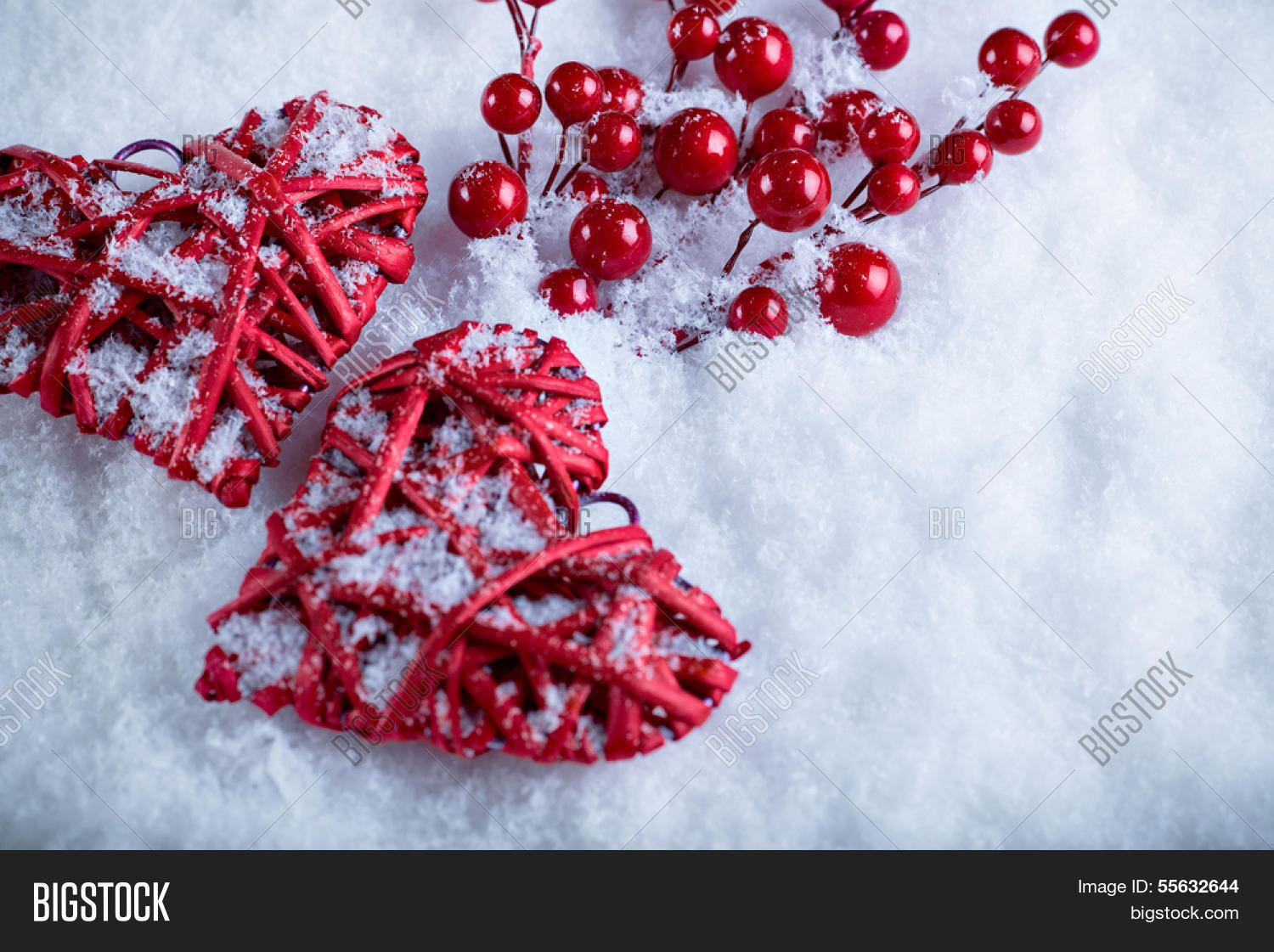 Two Beautiful Romantic Vintage Red Hearts With Mistletoe