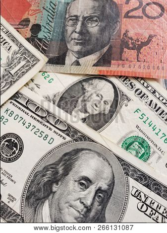Australian Banknote Of Twenty Dollar And American Dollars Bills Australian Banknote Of Twenty Dollar