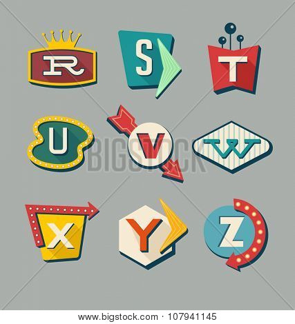 Retro signs alphabet. Letters on vintage style signs. Alphabet ...