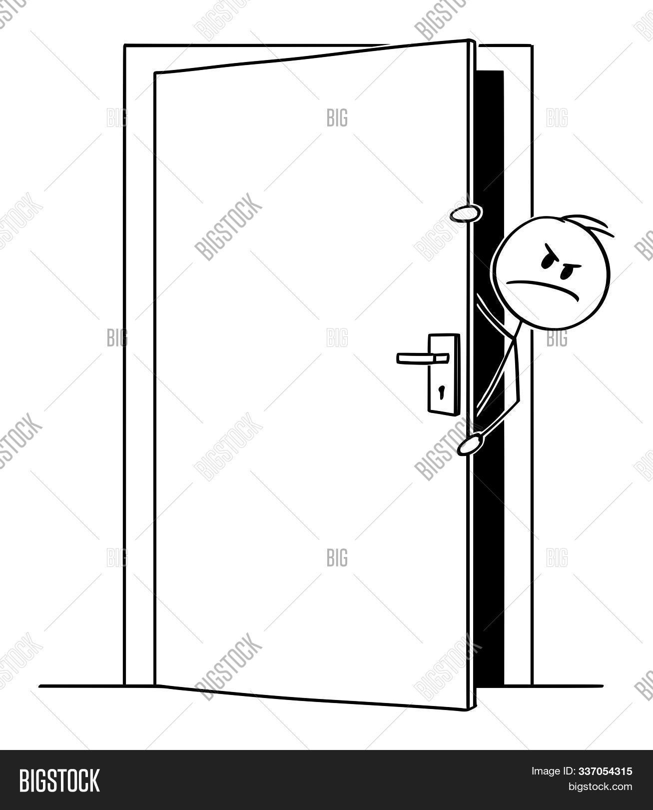 anger,angry,annoyed,art,behind,business,businessman,cartoon,character,concept,conceptual,curiosity,curious,door,draw,drawing,entering,entrance,face,figure,fun,graphic,hand,hidden,home,house,humor,illustration,indoor,look,looking,man,metaphor,open,peeking,peep,peeping,person,room,stick,stickman,watching,white