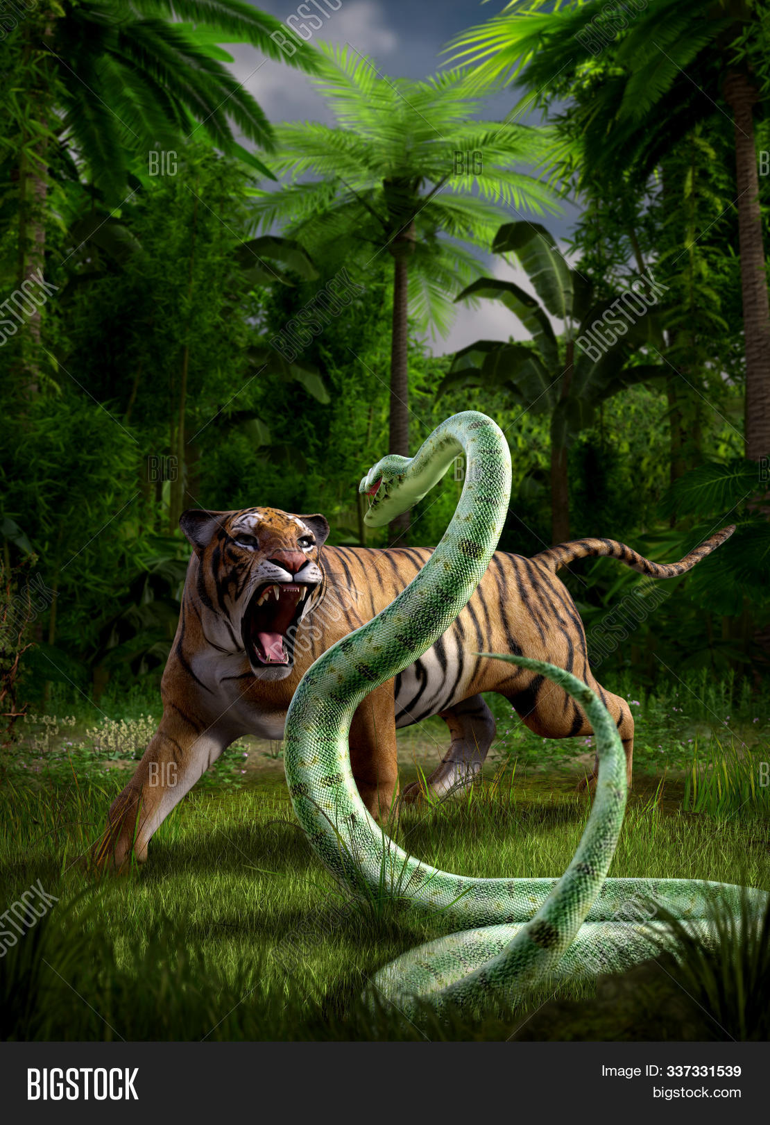 3d,animal,attack,attacking,battle,bengal,big,cat,claws,deep,defending,fearless,fight,grass,green,ground,hunt,hunter,indian,jaw,jungle,kingdom,nature,outdoors,powerful,python,render,roar,snake,strong,survival,tiger,tree,wild