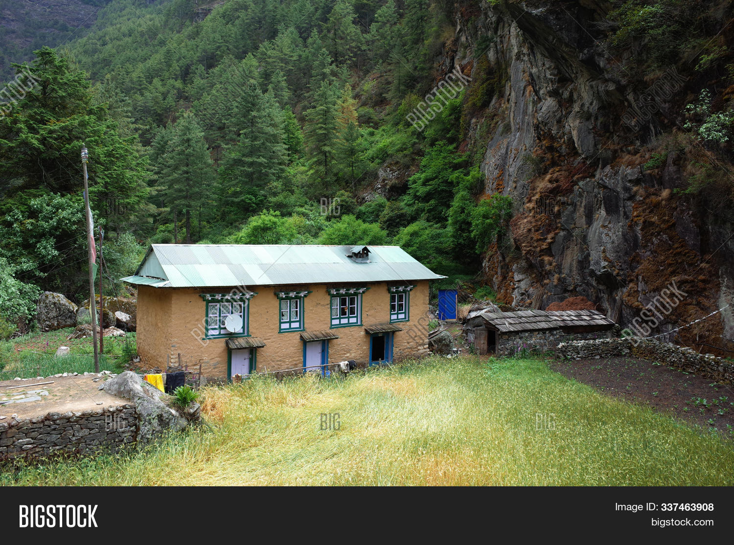 Traditional Nepali House With Wheat Field In Himalayas Mountains Sagarmatha National Park 