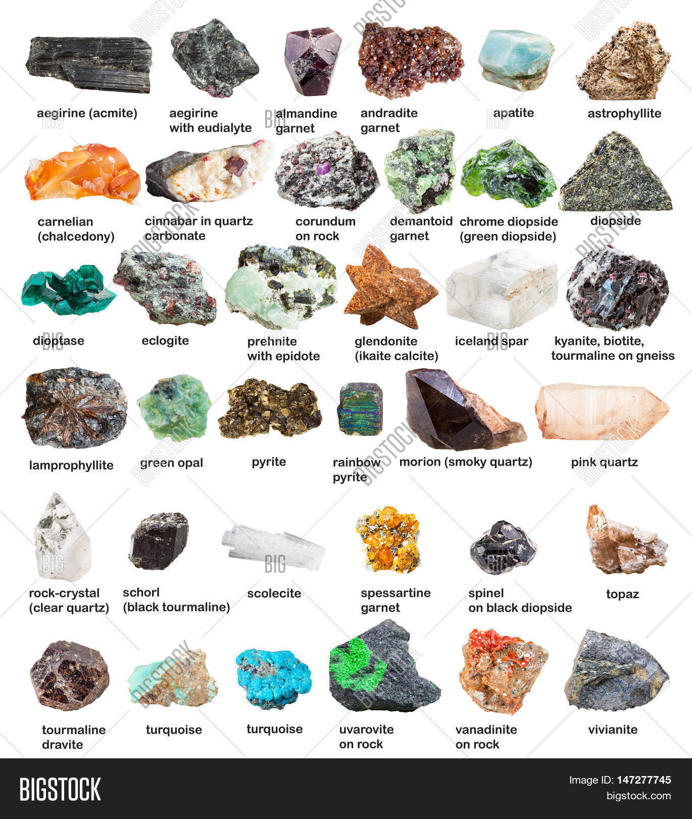 mineral,stone,rock,natural,name,description,set,collection,collage,isolated,white,background,gem,various,raw,sample,specimen,geological,smoky,quartz,vanadinite,aegirine,crystal,scolecite,demantoid,iceland,spar,ikaite,calcite,turquoise,kyanite,lamprophyllite,astrophyllite,diopside,cinnabar,eudialyte,opal,dioptase,spinel,andradite,corundum,spessartine,prehnite,epidote,almandine,schorl,topaz,eclogite,uvarovite,apatite,vivianite,tourmaline
