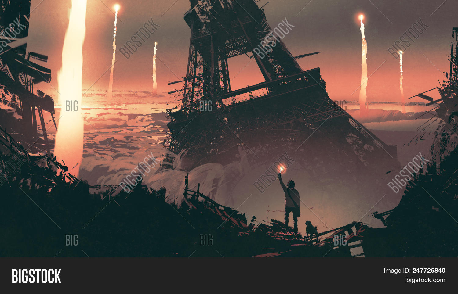 acrylic,apocalypse,apocalyptic,art,artwork,buildings,city,concept,dark,destroyed,disaster,dog,earthquake,eiffel,fiction,illustration,imagination,landscape,man,nuclear,outdoor,painting,ruins,scenery,sky,tower,war