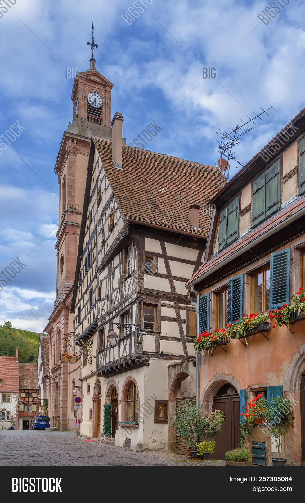 Alsace,Europe,France,Haut-Rhin,Rhin,Riquewihr,architecture,building,church,city,cloud,construction,day,facade,flower,frame,framework,half-timbered,haut,heritage,historic,historical,house,old,ornament,picturesque,route,street,tower,town,view,village,wall,window,wine,wooden