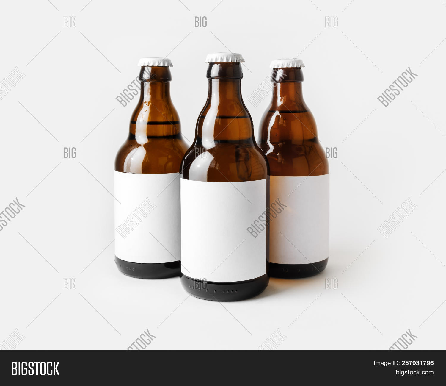 Download Three Glass Brown Beer Bottles With With Blank Labels Image Stock Photo 257931796