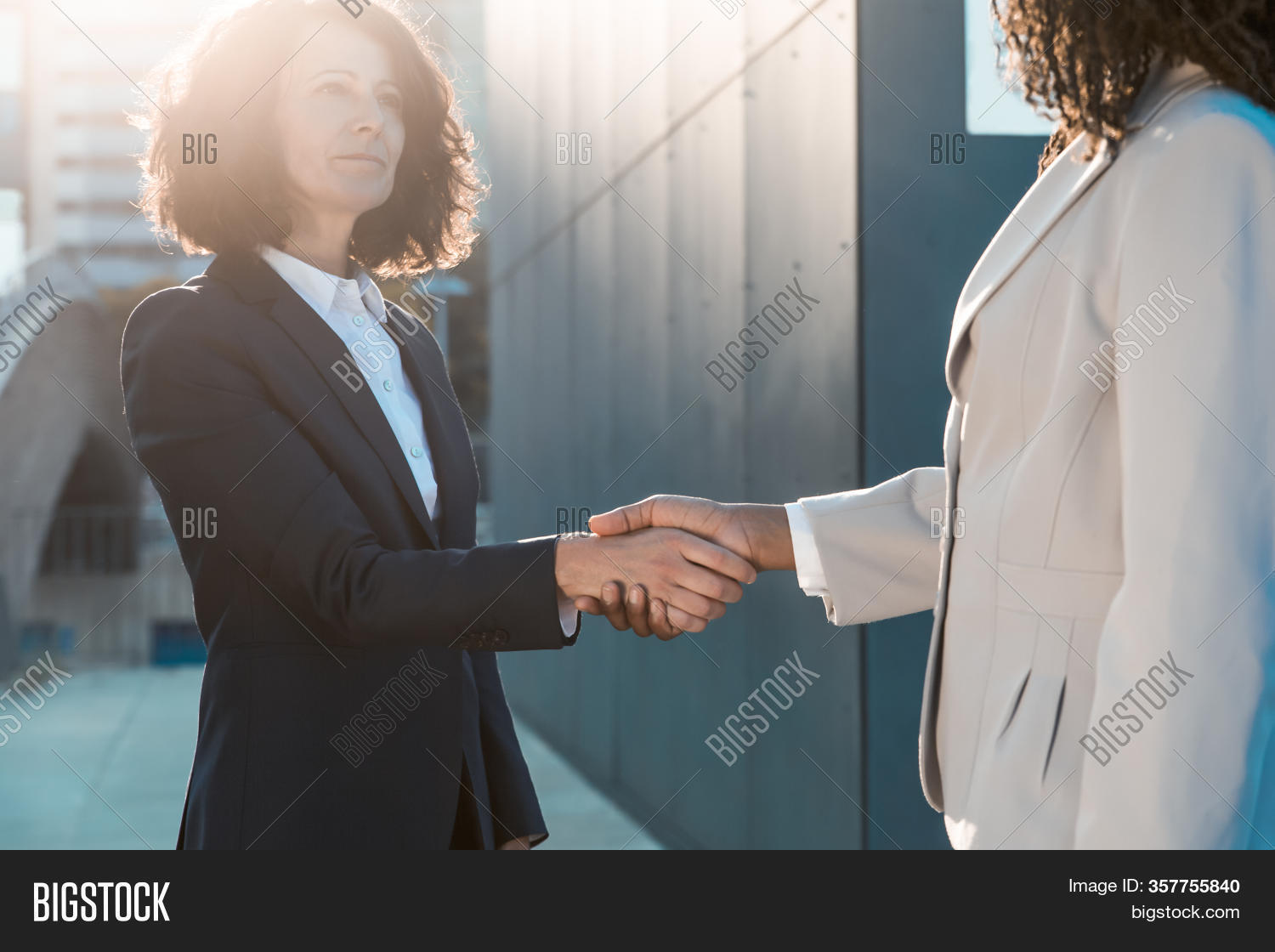 Female business colleagues meeting and greeting each other with ...