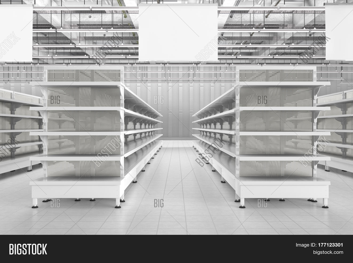 Download Store Interior With Empty Supermarket Shelves Image Stock Photo 177123301