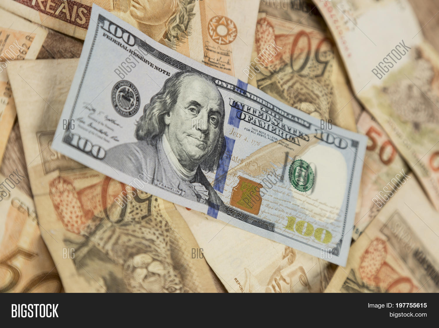 Note Of 100 Dollars On Top 50 Reais Notes 197755615 Image Note Of 100 Dollars On Top 50 Reais