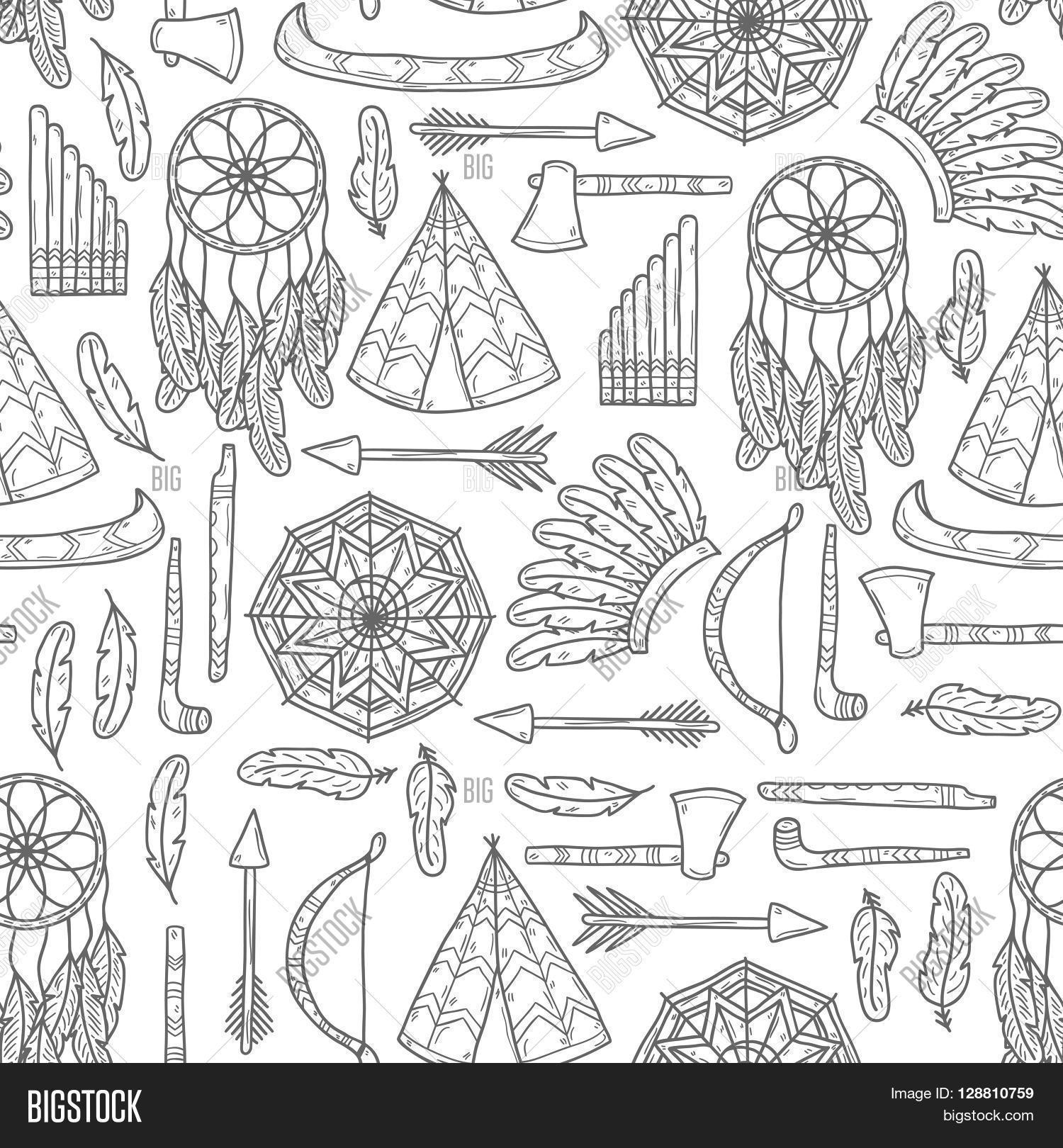 indian,native,american,tomahawk,ax,axe,feather,canoe,boat,bow,arrow,hat,mandala,flute,fife,syrinx,pipe,tobacco,dreamcatcher,dream,catcher,background,icon,hand,rawn,drawn,wigwam,travel,lodge,cartoon,sticker,tribal,print,aztec,symbol,doodle,boho,hatchet,culture,ethnic,tepee,seamless