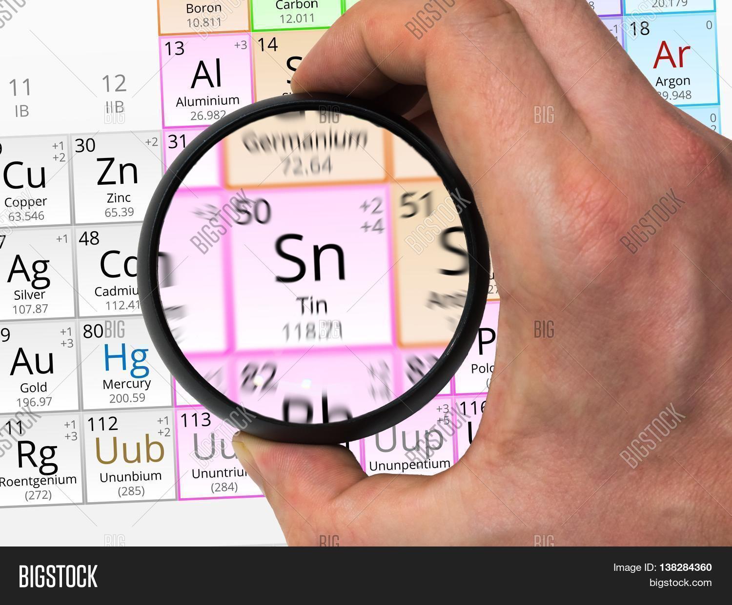 tin,Sn,chemistry,mendeleev,table,periodic,mass,atom,weight,sign,symbol,chemical,element,illustration,system,science,electron,proton,education,atomic,background,button,metal,hand,magnifier,magnifying,glass,scientific