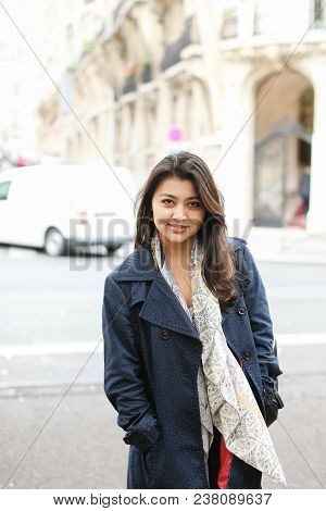 Chinese Young Girl Standing In Street Background, Walking After Classes. Concept Of International St