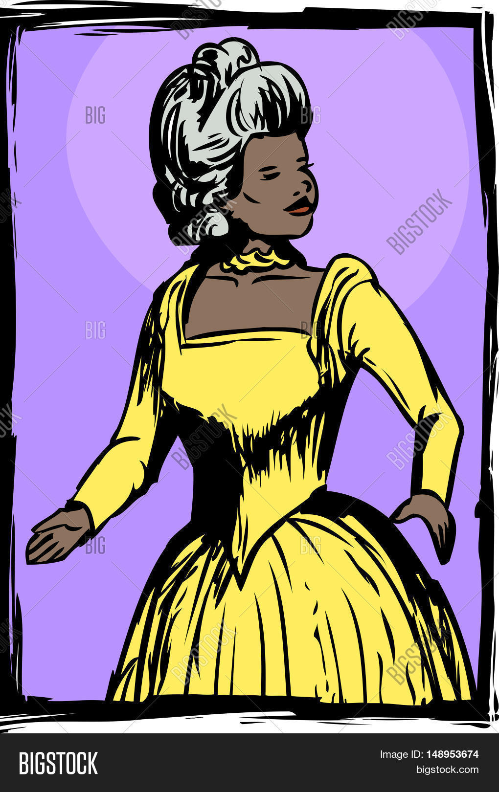 1700s,18th,century,African,antique,beautiful,Black,cartoon,clip,art,clothing,distinguished,dress,elegant,fashion,female,frame,freehand,gorgeous,hand,drawn,illustration,lady,nostalgia,old,fashioned,one,pretty,purple,single,sketch,skirt,vintage,woman,yellow