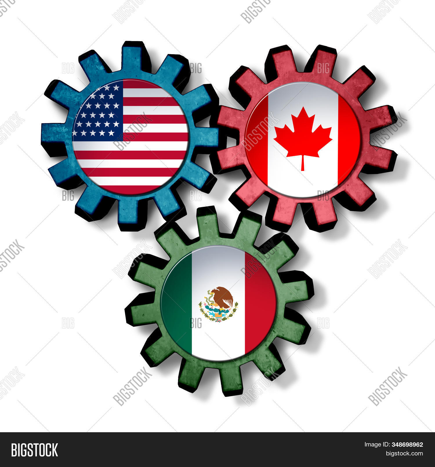usmca,Mexico,Canada,United,States,agreement,business,success,trade,north,america,USA,American,Canadian,Mexican,concept,cog,gear,industry,banking,economic,economy,imports,exports,unity,global,partnership,market,free,zone,politics,policy,political,government,3D,illustration,white,background