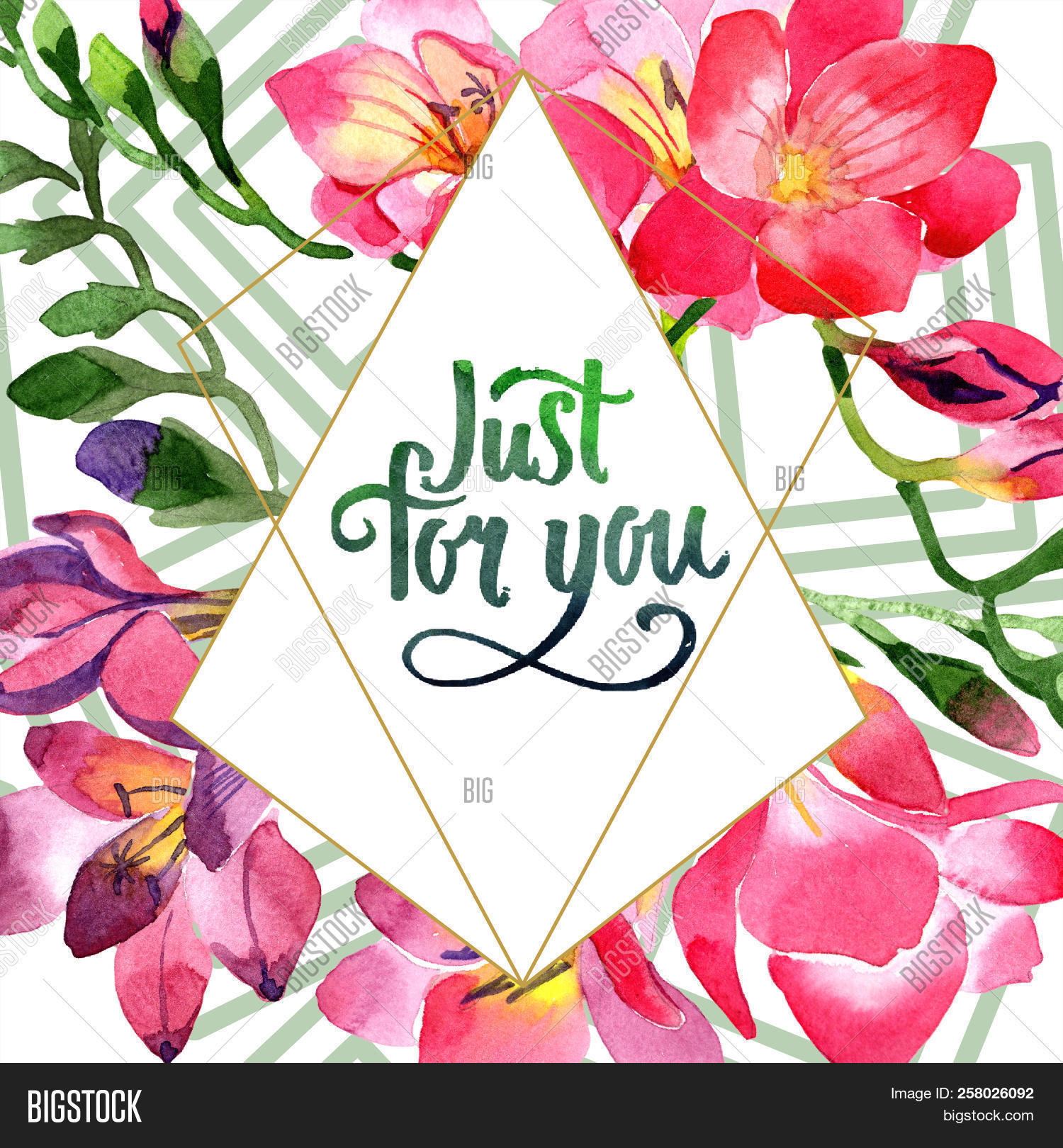 Watercolor Pink Freesia Flower Floral Botanical Flower Frame