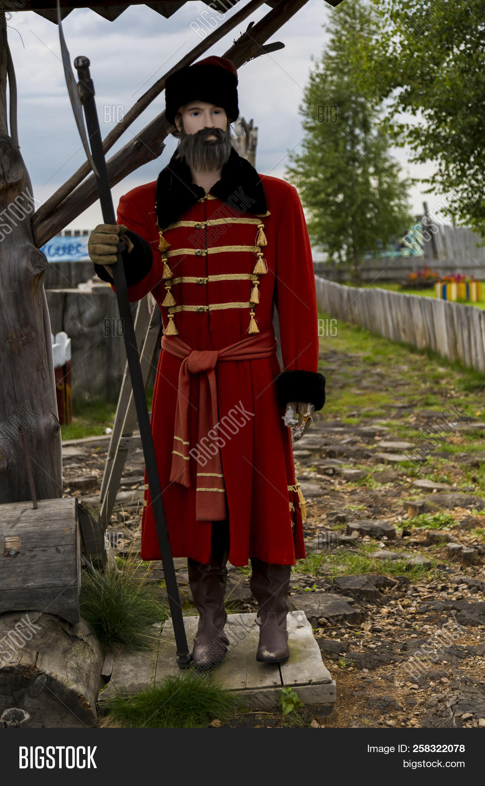 Russia,Siberia,archer,ax,background,beard,black,brown,caftan,color,guard,landscape,light,mannequin,nature,papaha,red,tone,tourism,tradition,white
