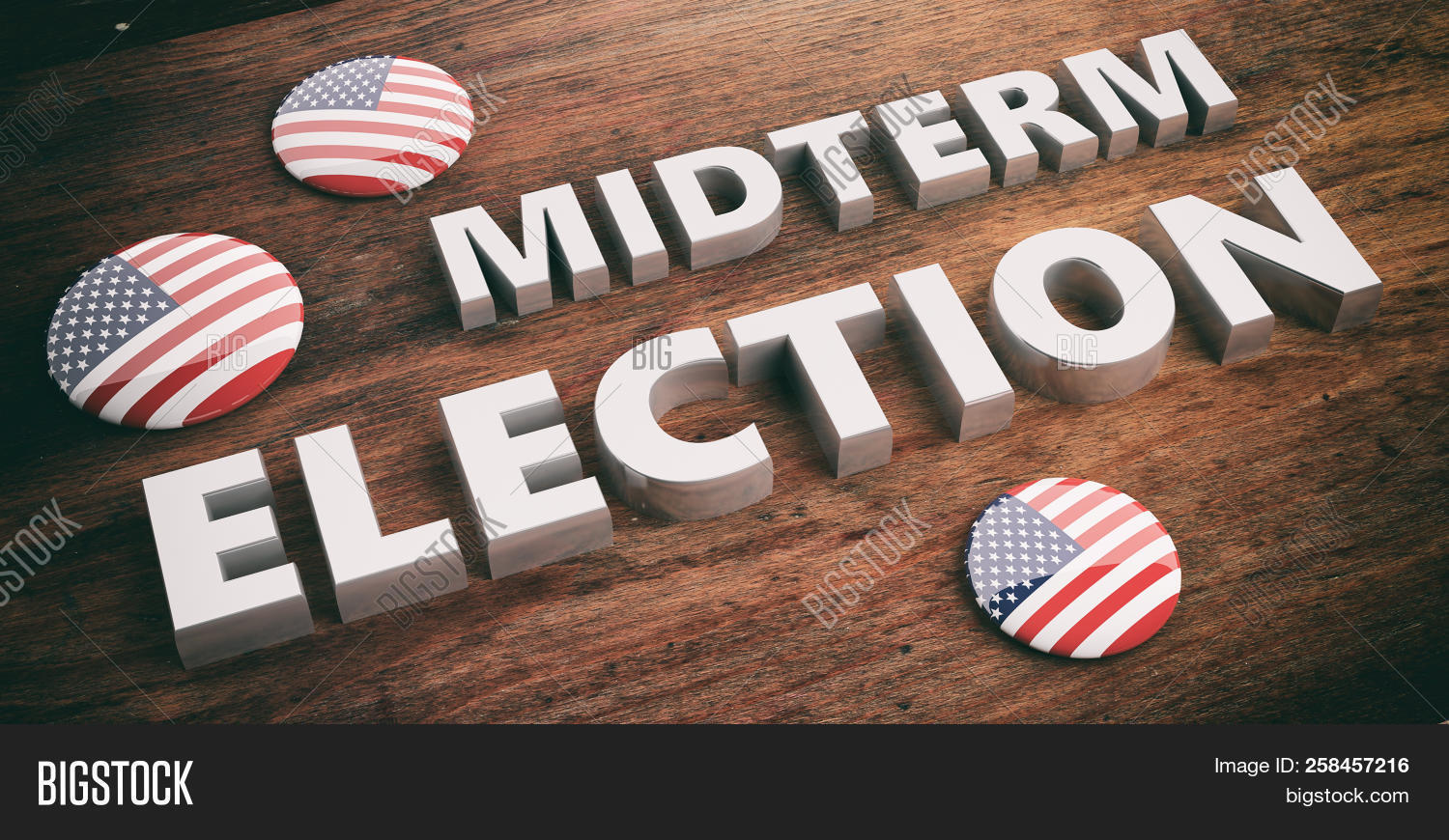Usa Flag Pin Button Midterm Elections Wooden Background 3d