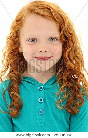 Close Up Girl Child With Orange Curly Hair And Blue Eyes