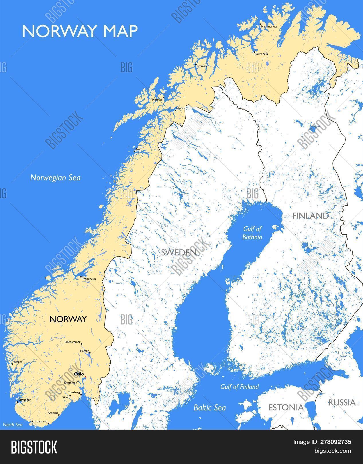 Alta,Arendal,Bergen,Bodo,Drammen,Hamar,Hammerfest,Harstad,Kristiansand,Lillehammer,Narvik,Norway,Oslo,Ovre,Skien,Stavanger,Tonsberg,Tromso,Trondheim,background,capital,cartography,city,color,country,design,detailed,divisions,europe,geography,illustration,lake,map,ocean,political,province,region,republic,river,sea,town,travel,vector