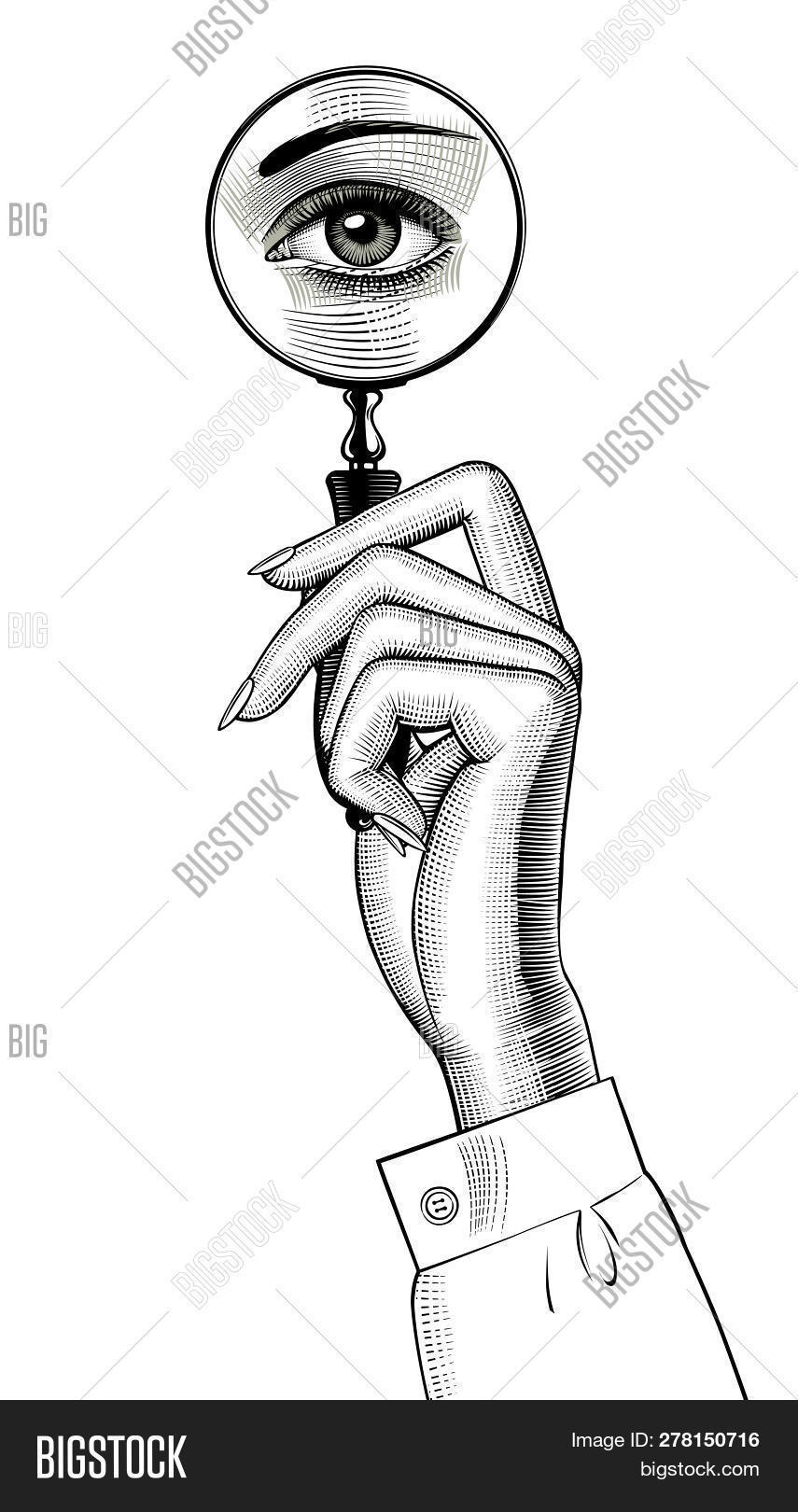 Female Hand Holding A Magnifying Glass With Eye Inside Retro Style Search Sign And Icon Vintage En Image Stock Photo 278150716