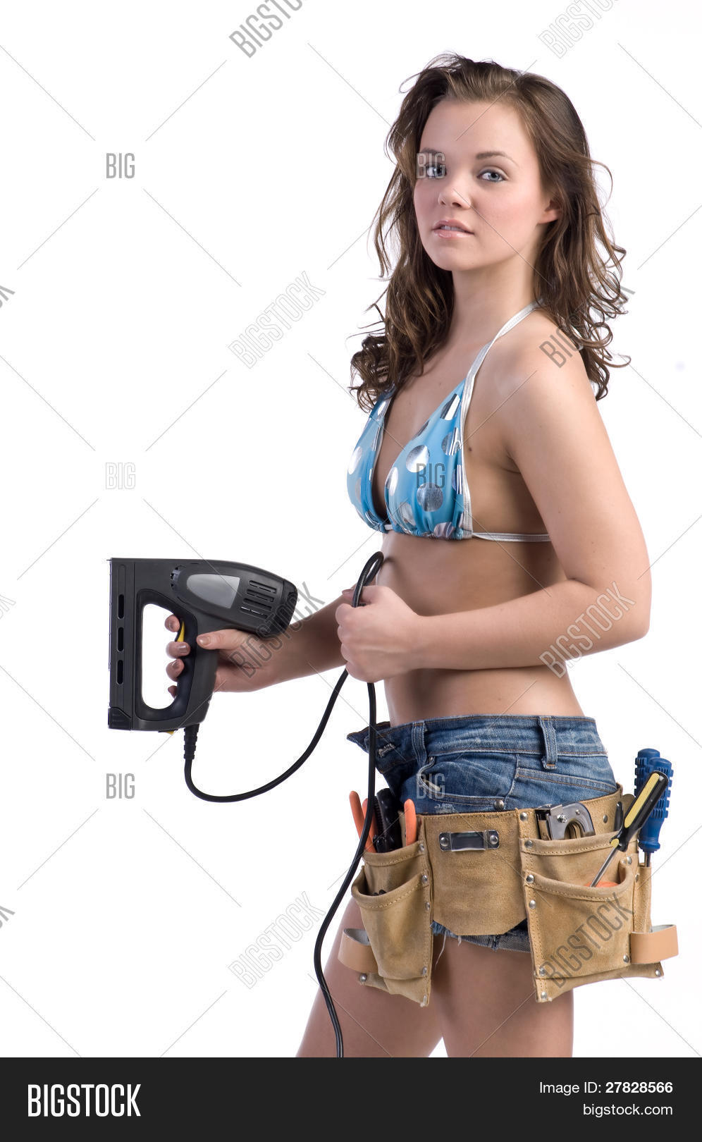 belt,bikini,blond,blonde,blue,bra,construction,cute,daisy,denim,driver,dukes,electric,female,girl,glamor,glamour,gun,hammer,industrial,isolated,jean,laborer,one,only,petite,pretty,sassy,screw,sexy,shorts,stapeler,staple,tool,woman,worker
