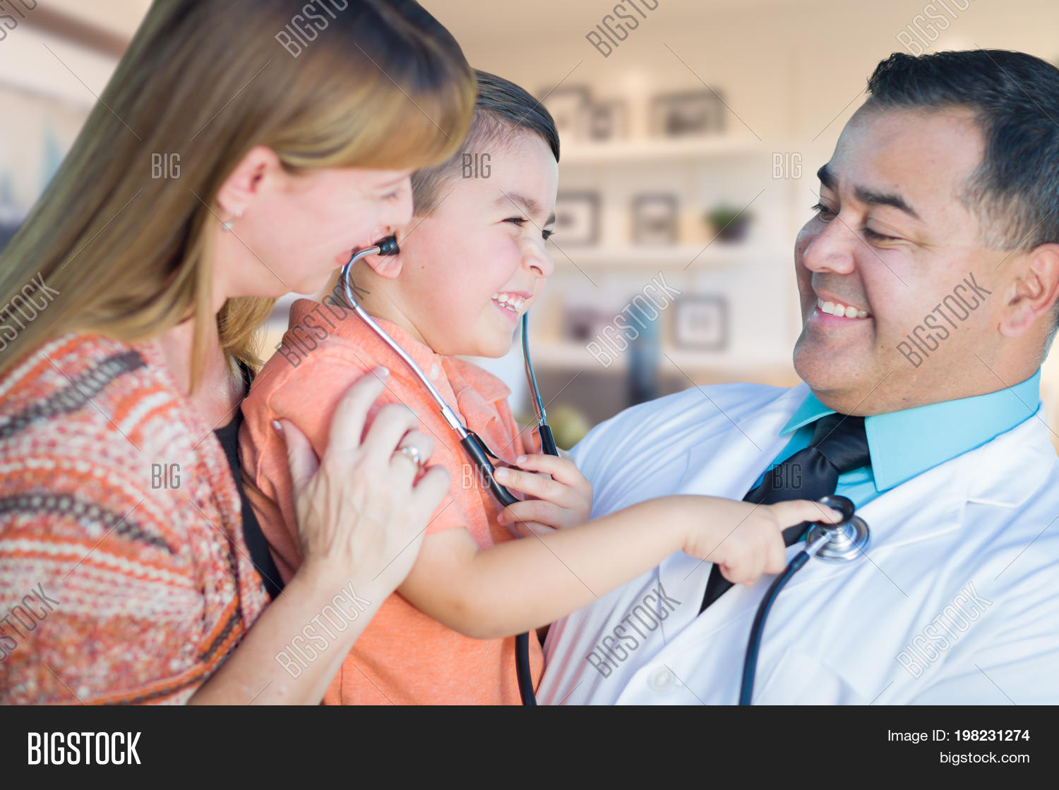adult,appointment,boy,child,doctor,health,health care,hispanic,latino,listening,male,man,medical,medicine,mexican,mother,nurse,office,pediatrician,people,person,playful,playing,practitioner,son,stethoscope,visit,young,young adult