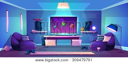 Game Room Illustration, Modern Esports Concept. Night Stream, Digital Entertainment In Neon Light In