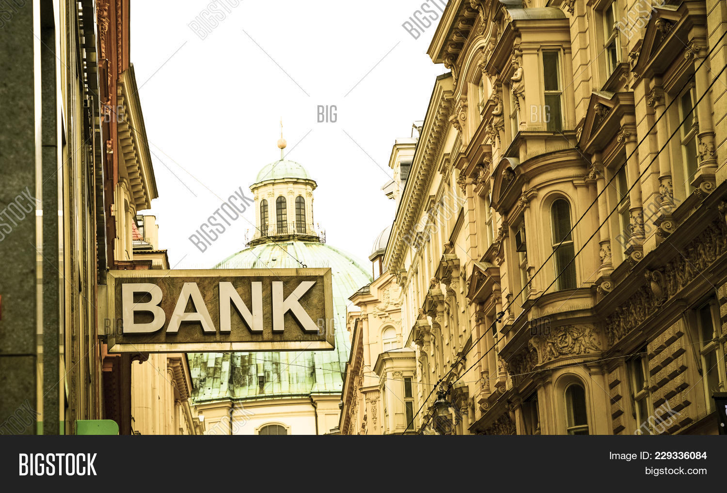 Simple Bank Sign Surrounded By Traditional European