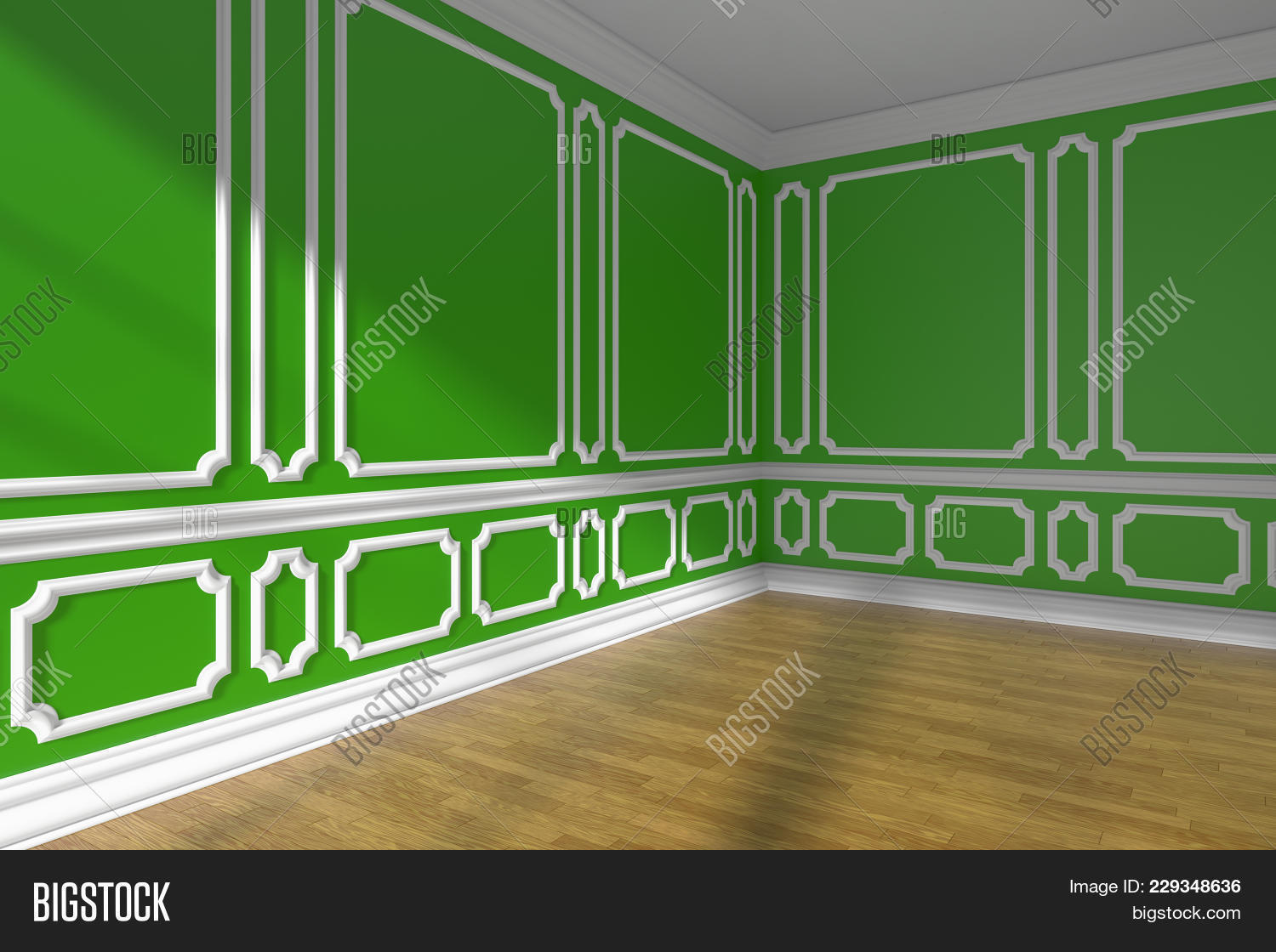 Green Empty Room Corner With Molding And Parquet Floor