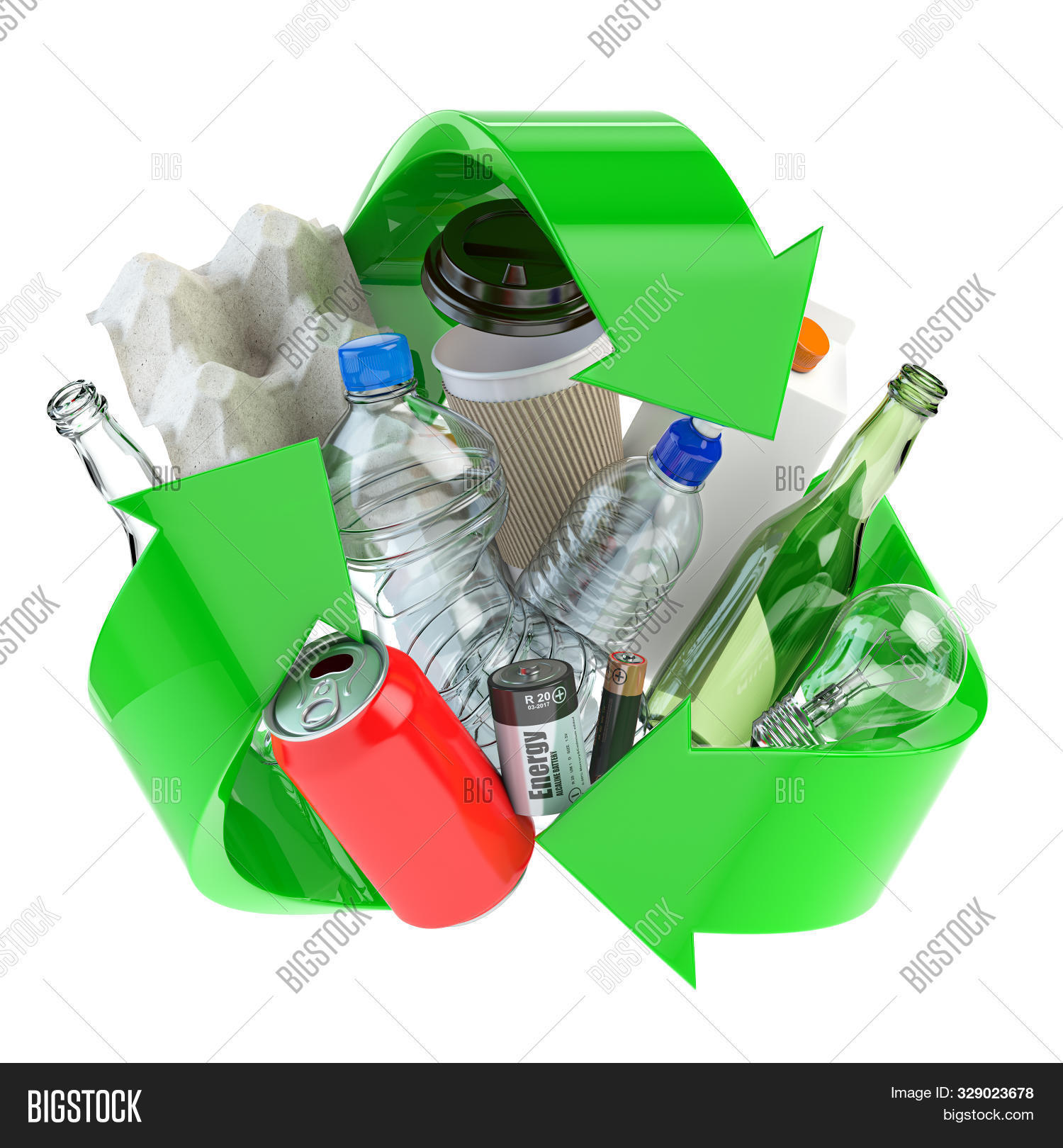 Recycle sign with different types of waste. Garbage and trash sorted by ...