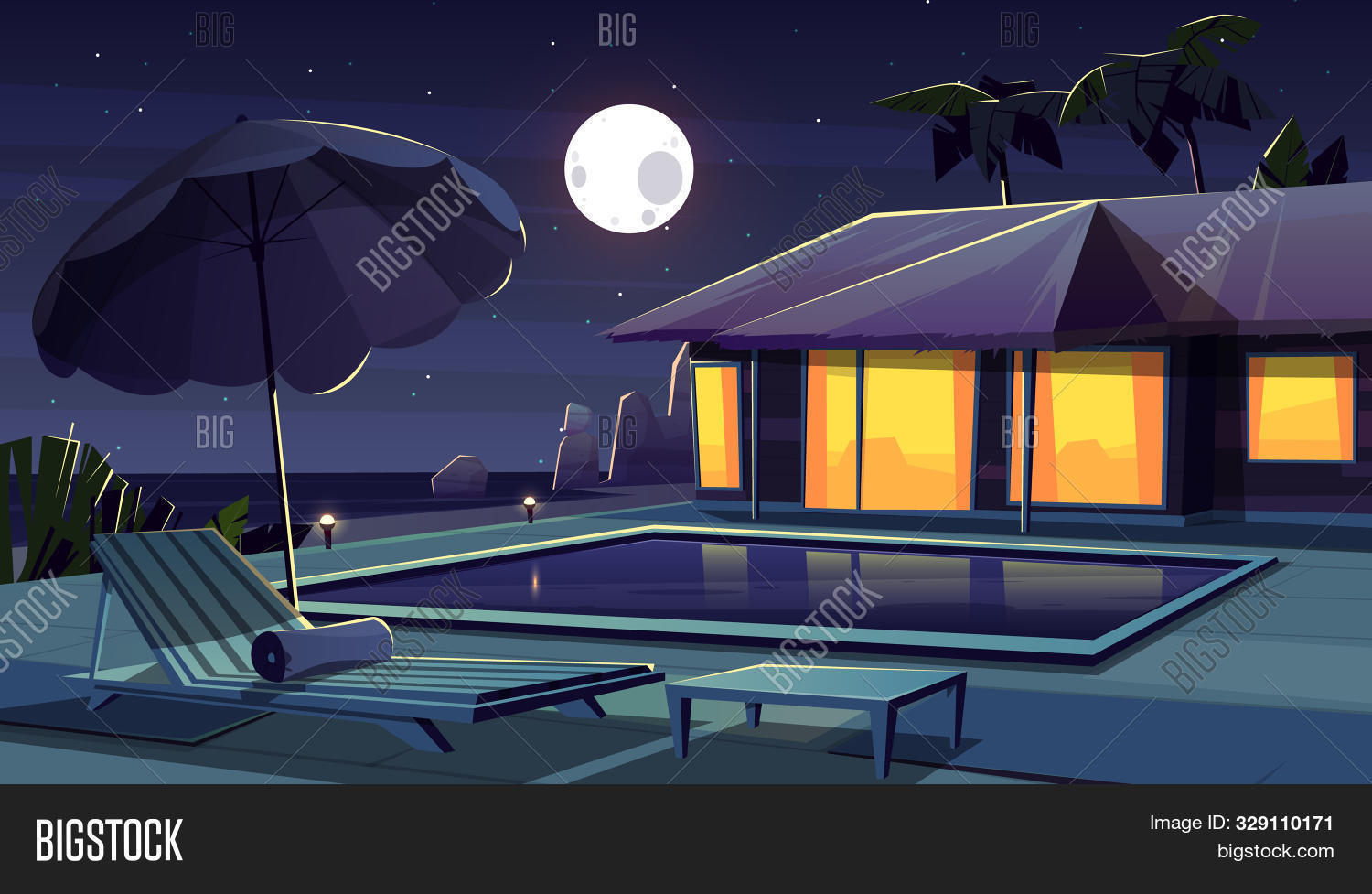 apartment,background,big,cartoon,chair,chaise,chaise-lounge,comfort,concept,contemporary,cozy,dark,deck,decor,decoration,design,full,furniture,green,home,hostel,hotel,house,illustration,light,living,lounge,modern,moon,night,outside,palm,pond,pool,recliner,resort,rest,room,season,sky,star,style,summer,tree,tropic,tropical,view,water,window