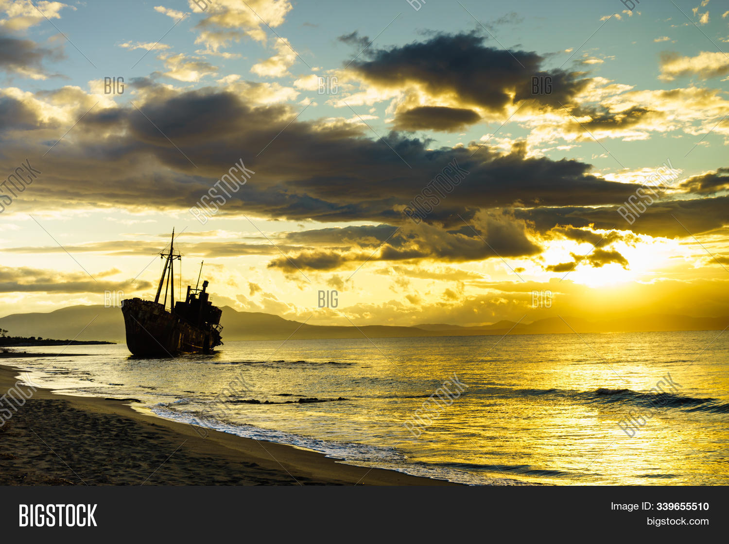 An Old Abandoned Shipwreck, Wrecked Boat Sunken Ship Stand On Beach ...