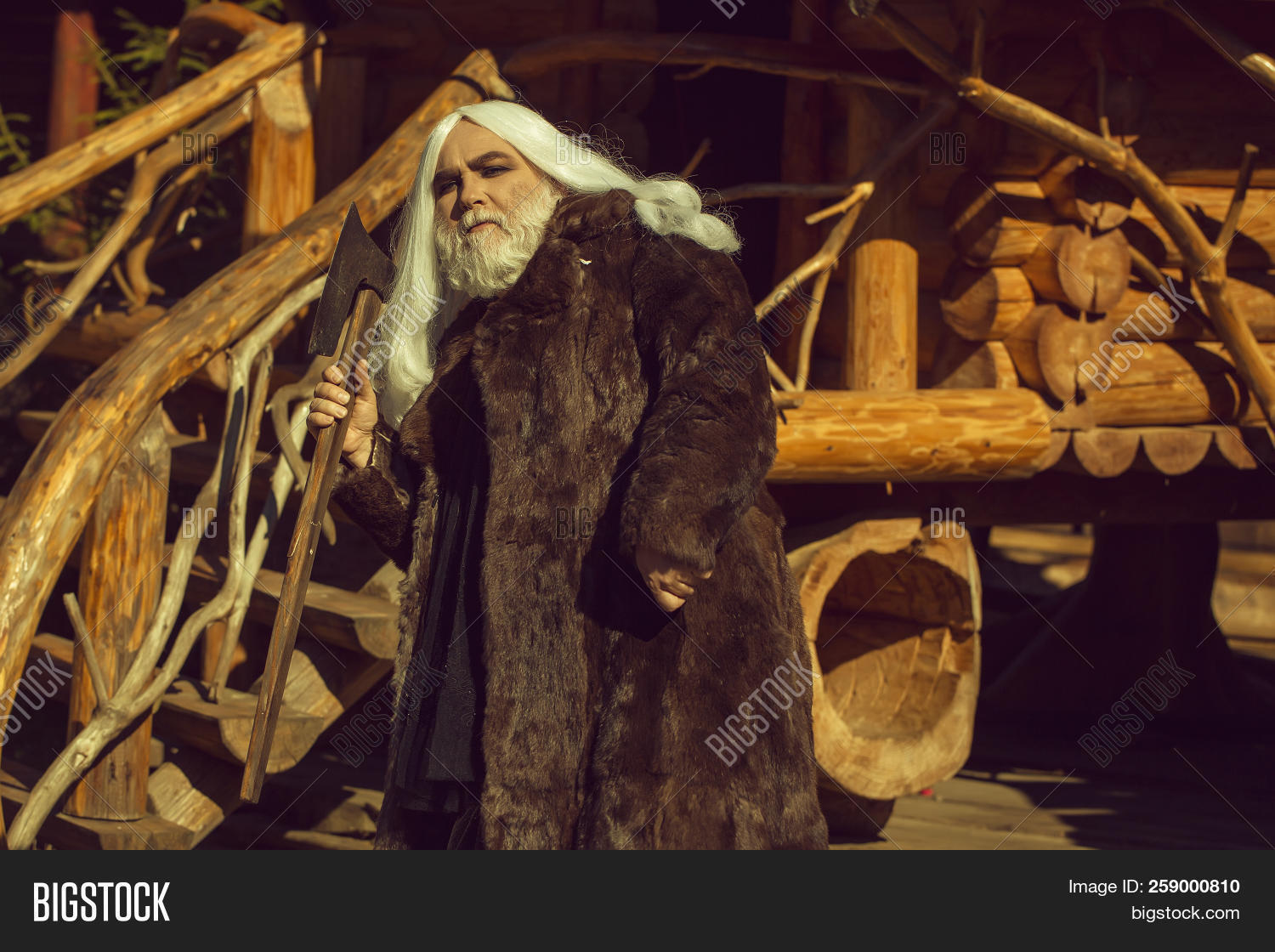 Brutal Druid Old Man With Long Silver Hair And Beard In Fur